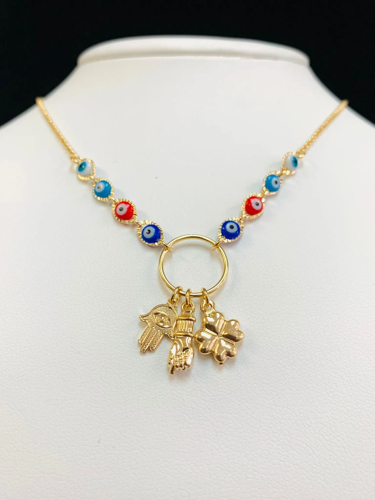 Good Luck Necklace / Evil Eye Necklace / Evil Eye Hand Necklace 16" / Four Leaf Clover Necklace / Cadena para la Buena Suerte