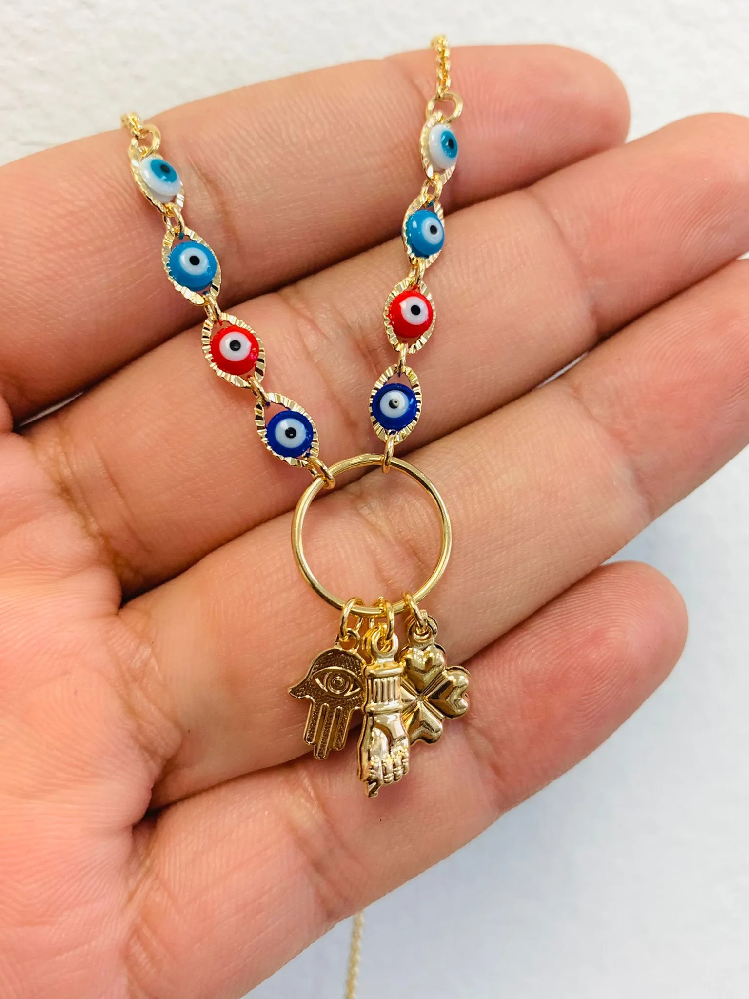 Good Luck Necklace / Evil Eye Necklace / Evil Eye Hand Necklace 16" / Four Leaf Clover Necklace / Cadena para la Buena Suerte