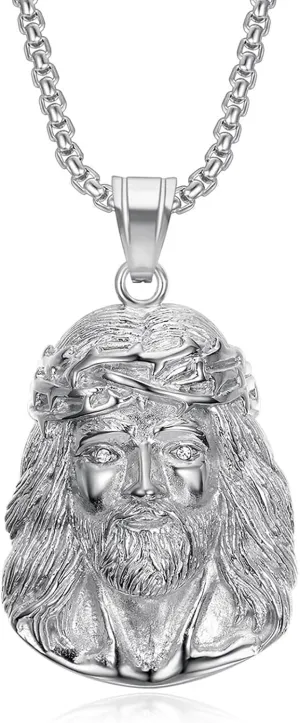 Gorgeous Stainless Steel Jesus Pendant Necklace with Cubic Zirconia Eyes - Religious Jewelry for Both Men and Women(Silver)