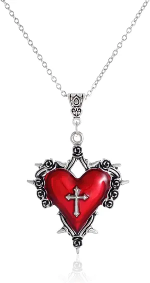 Gothic Heart Pendant Necklace for Women Vintage Heart Cross Necklace Dark Punk Style Jewelry Halloween Thorns Necklace Victoria Goth Pendant Mystic Witch Vampire Jewelry Accessories