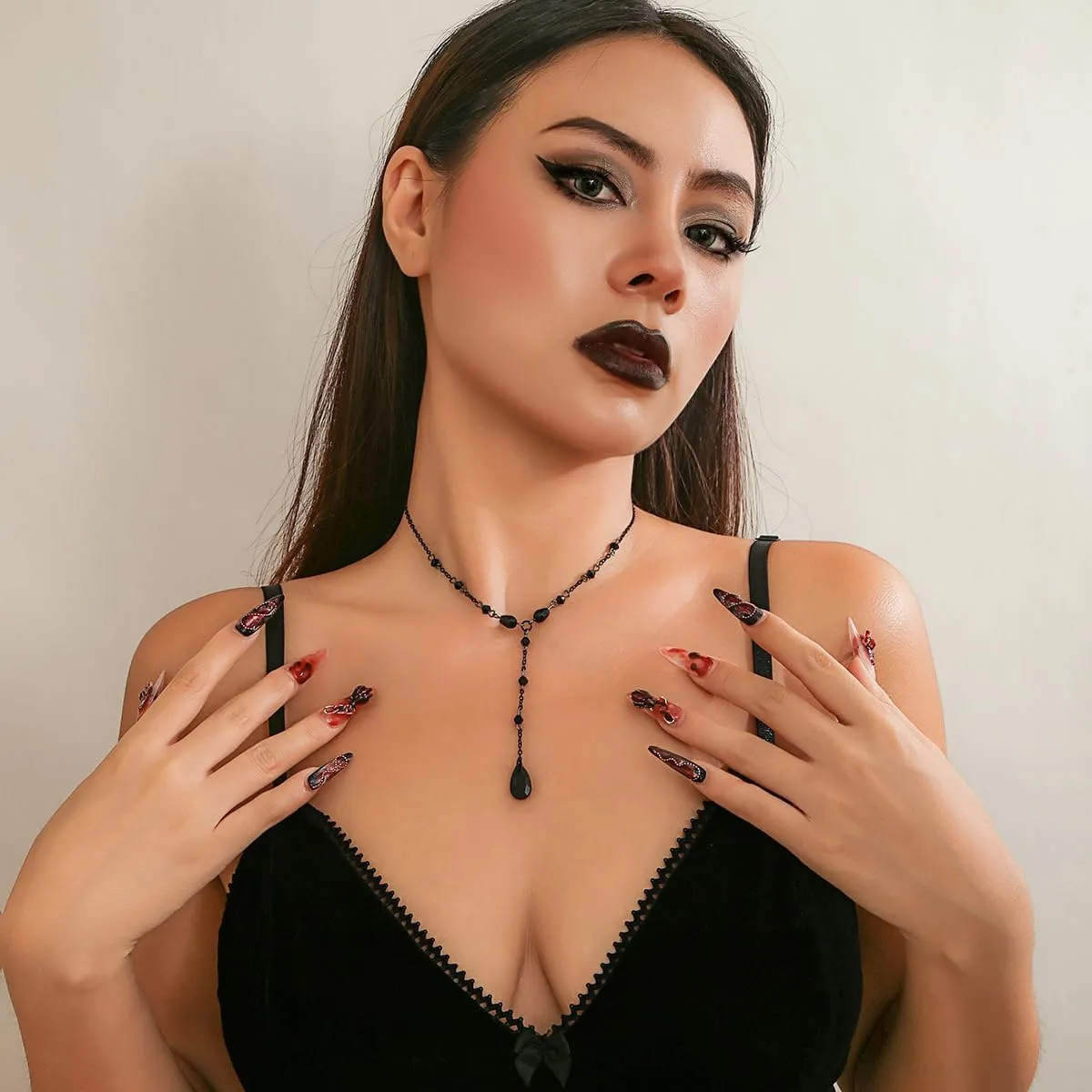 Gothic Y Necklace,Goth Black Red Crystal Bead Teardrop Necklace,Punk Y Necklaces,Halloween Christmas New Year Jewelry for Women