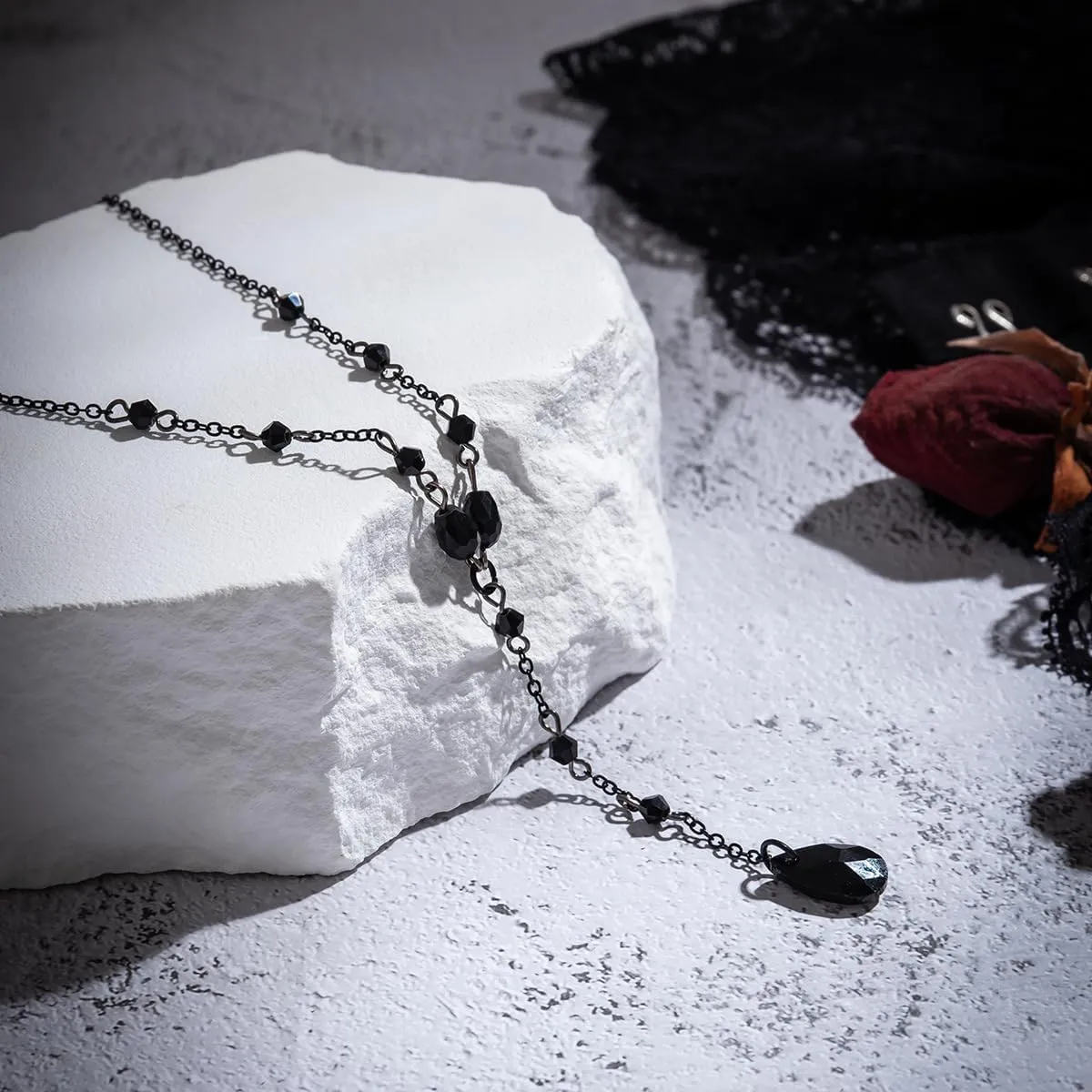 Gothic Y Necklace,Goth Black Red Crystal Bead Teardrop Necklace,Punk Y Necklaces,Halloween Christmas New Year Jewelry for Women