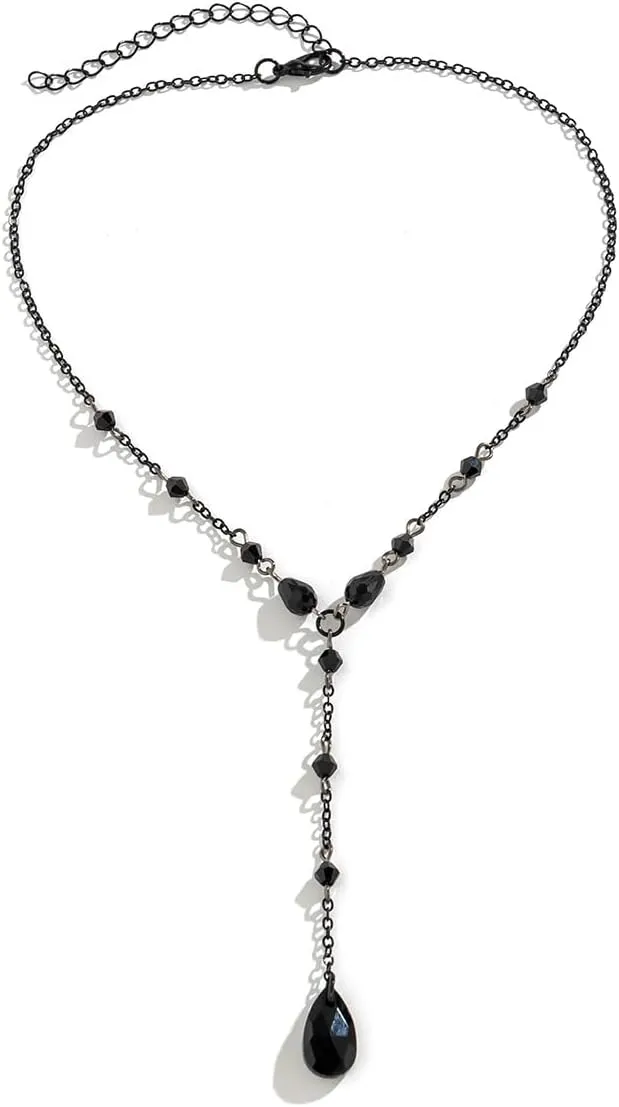Gothic Y Necklace,Goth Black Red Crystal Bead Teardrop Necklace,Punk Y Necklaces,Halloween Christmas New Year Jewelry for Women