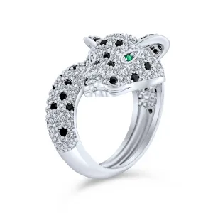 Green Eye Cubic Zirconia Cocktail Statement Ring Silver-Plated Panther Design