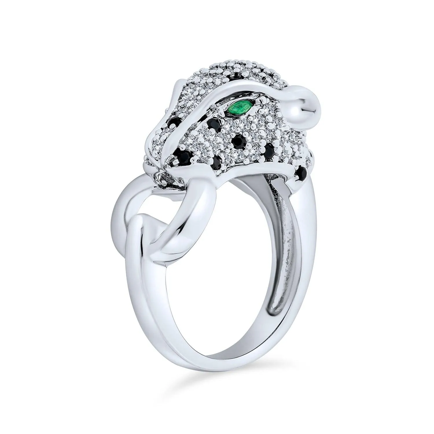 Green Eye Cubic Zirconia Cocktail Statement Ring Silver-Plated Panther Design
