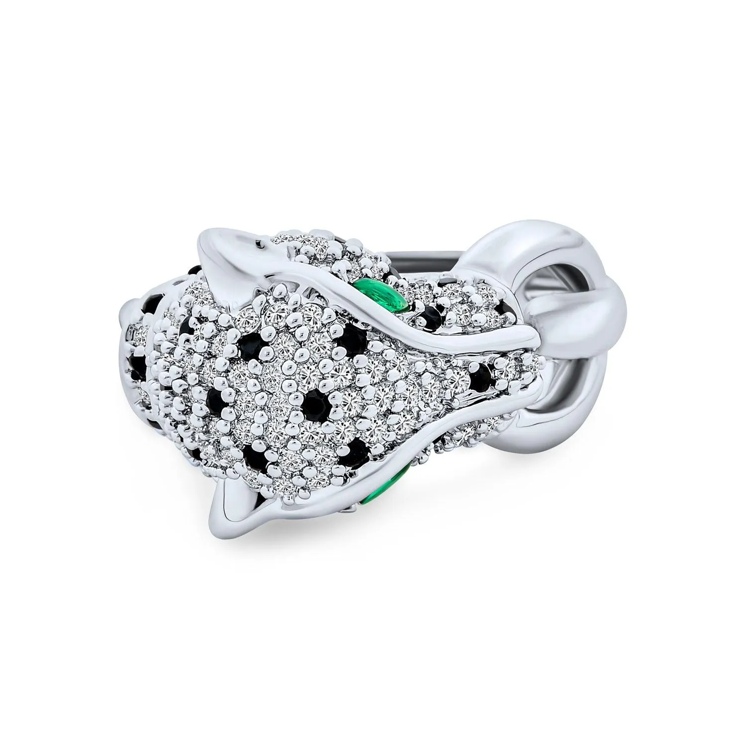Green Eye Cubic Zirconia Cocktail Statement Ring Silver-Plated Panther Design