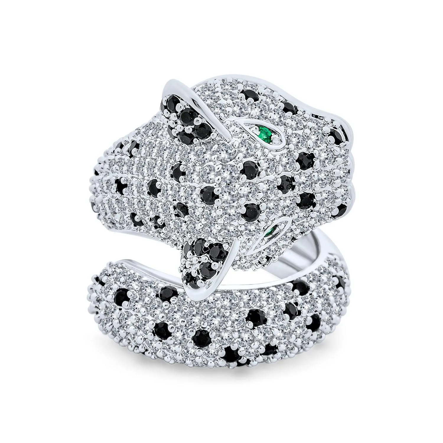 Green Eye Cubic Zirconia Cocktail Statement Ring Silver-Plated Panther Design