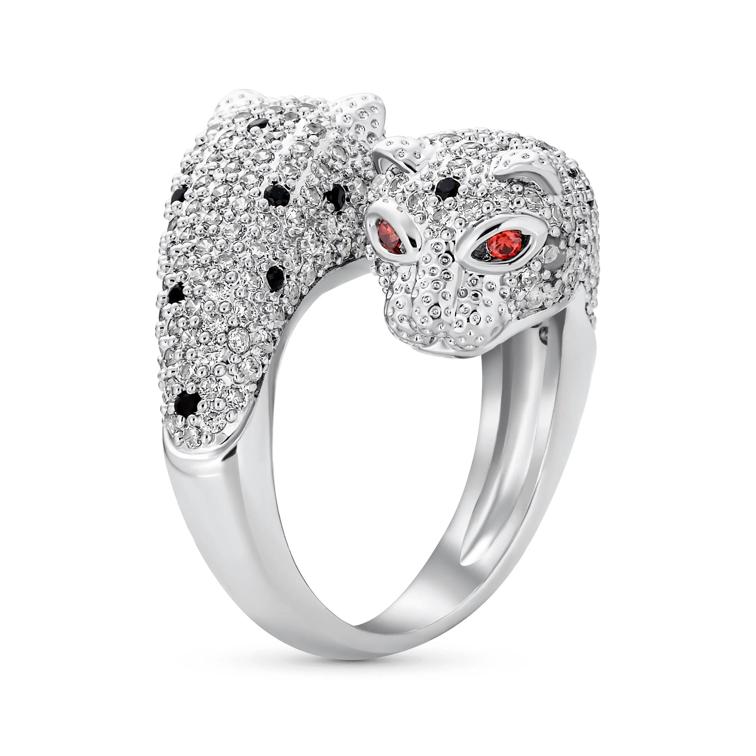 Green Eye Cubic Zirconia Cocktail Statement Ring Silver-Plated Panther Design
