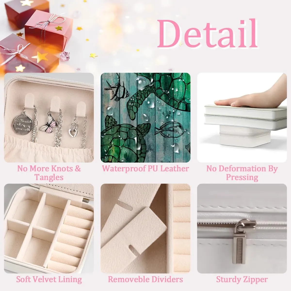 Green Sea Turtle Ocean Theme Travel Jewelry Case Organizer, Jewelry Boxes with Mirror, PU Leather Jewelry Storage Holder for Rings Earrings Pendants Necklaces, Gifts for Girls Women