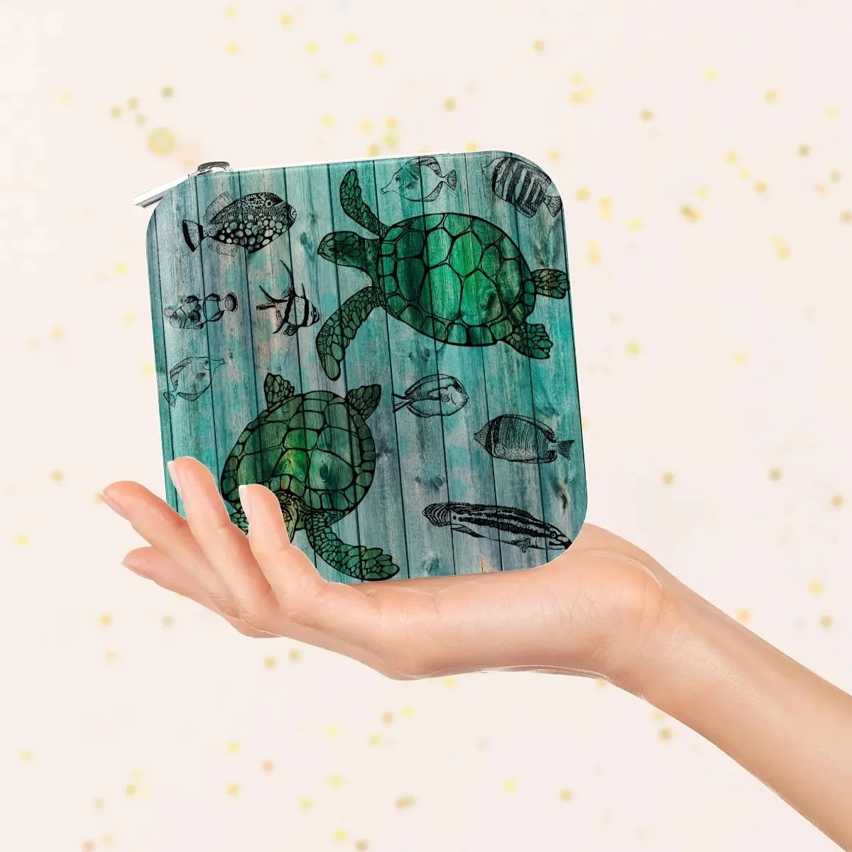 Green Sea Turtle Ocean Theme Travel Jewelry Case Organizer, Jewelry Boxes with Mirror, PU Leather Jewelry Storage Holder for Rings Earrings Pendants Necklaces, Gifts for Girls Women