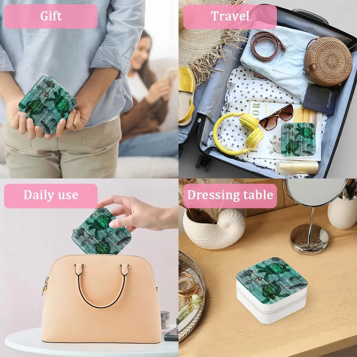 Green Sea Turtle Ocean Theme Travel Jewelry Case Organizer, Jewelry Boxes with Mirror, PU Leather Jewelry Storage Holder for Rings Earrings Pendants Necklaces, Gifts for Girls Women