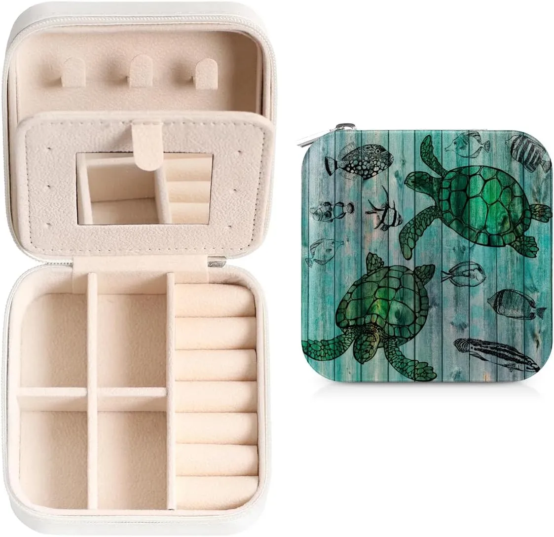 Green Sea Turtle Ocean Theme Travel Jewelry Case Organizer, Jewelry Boxes with Mirror, PU Leather Jewelry Storage Holder for Rings Earrings Pendants Necklaces, Gifts for Girls Women