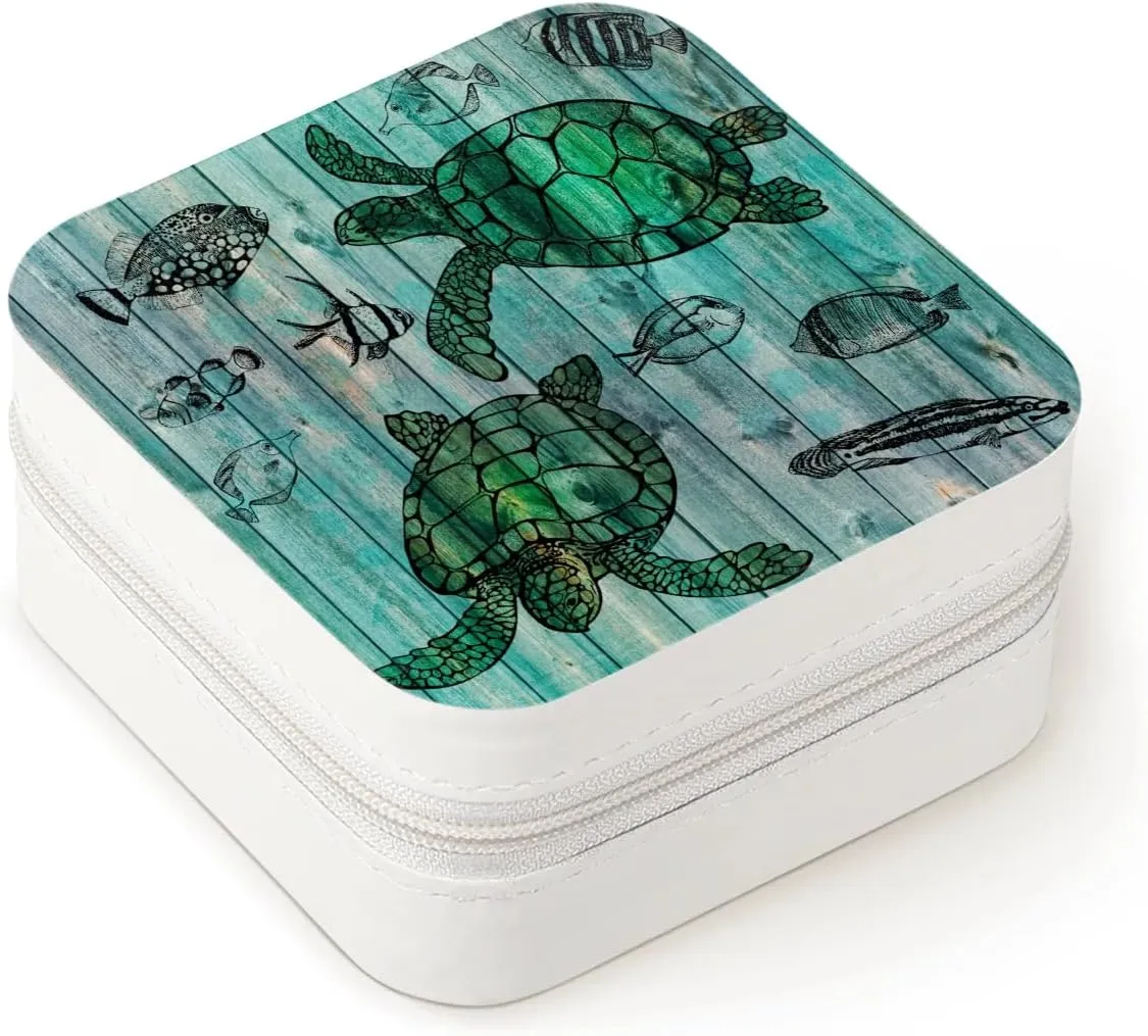 Green Sea Turtle Ocean Theme Travel Jewelry Case Organizer, Jewelry Boxes with Mirror, PU Leather Jewelry Storage Holder for Rings Earrings Pendants Necklaces, Gifts for Girls Women