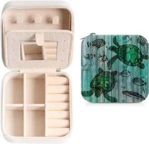 Green Sea Turtle Ocean Theme Travel Jewelry Case Organizer, Jewelry Boxes with Mirror, PU Leather Jewelry Storage Holder for Rings Earrings Pendants Necklaces, Gifts for Girls Women