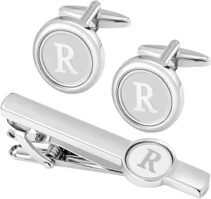 GWD Silver Initial Cufflinks and Tie Clip Set for Men Stainless Steel Personalized Tuxedo Shirt Cuff Links Letter Alphabet A-Z Gift for Father Husband