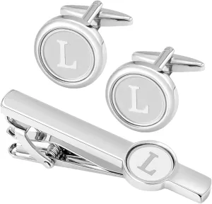 GWD Silver Initial Cufflinks and Tie Clip Set for Men Stainless Steel Personalized Tuxedo Shirt Cuff Links Letter Alphabet A-Z Gift for Father Husband