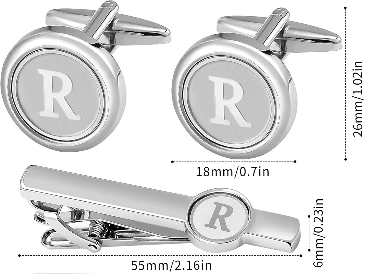 GWD Silver Initial Cufflinks and Tie Clip Set for Men Stainless Steel Personalized Tuxedo Shirt Cuff Links Letter Alphabet A-Z Gift for Father Husband