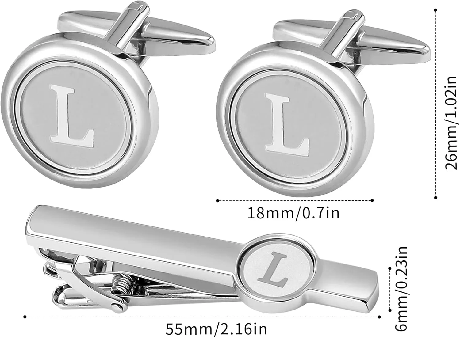 GWD Silver Initial Cufflinks and Tie Clip Set for Men Stainless Steel Personalized Tuxedo Shirt Cuff Links Letter Alphabet A-Z Gift for Father Husband