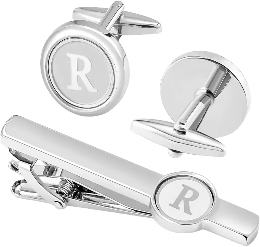 GWD Silver Initial Cufflinks and Tie Clip Set for Men Stainless Steel Personalized Tuxedo Shirt Cuff Links Letter Alphabet A-Z Gift for Father Husband