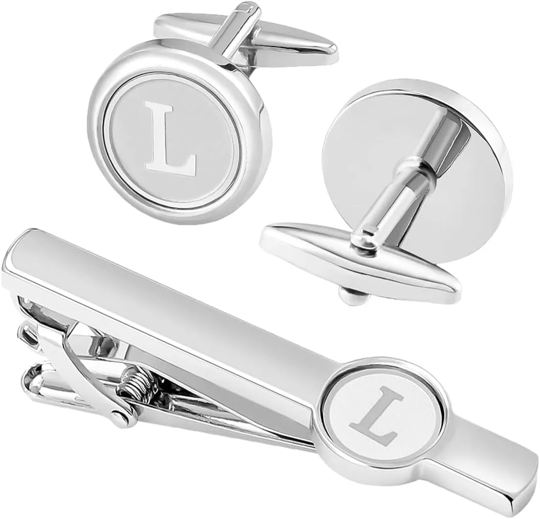GWD Silver Initial Cufflinks and Tie Clip Set for Men Stainless Steel Personalized Tuxedo Shirt Cuff Links Letter Alphabet A-Z Gift for Father Husband
