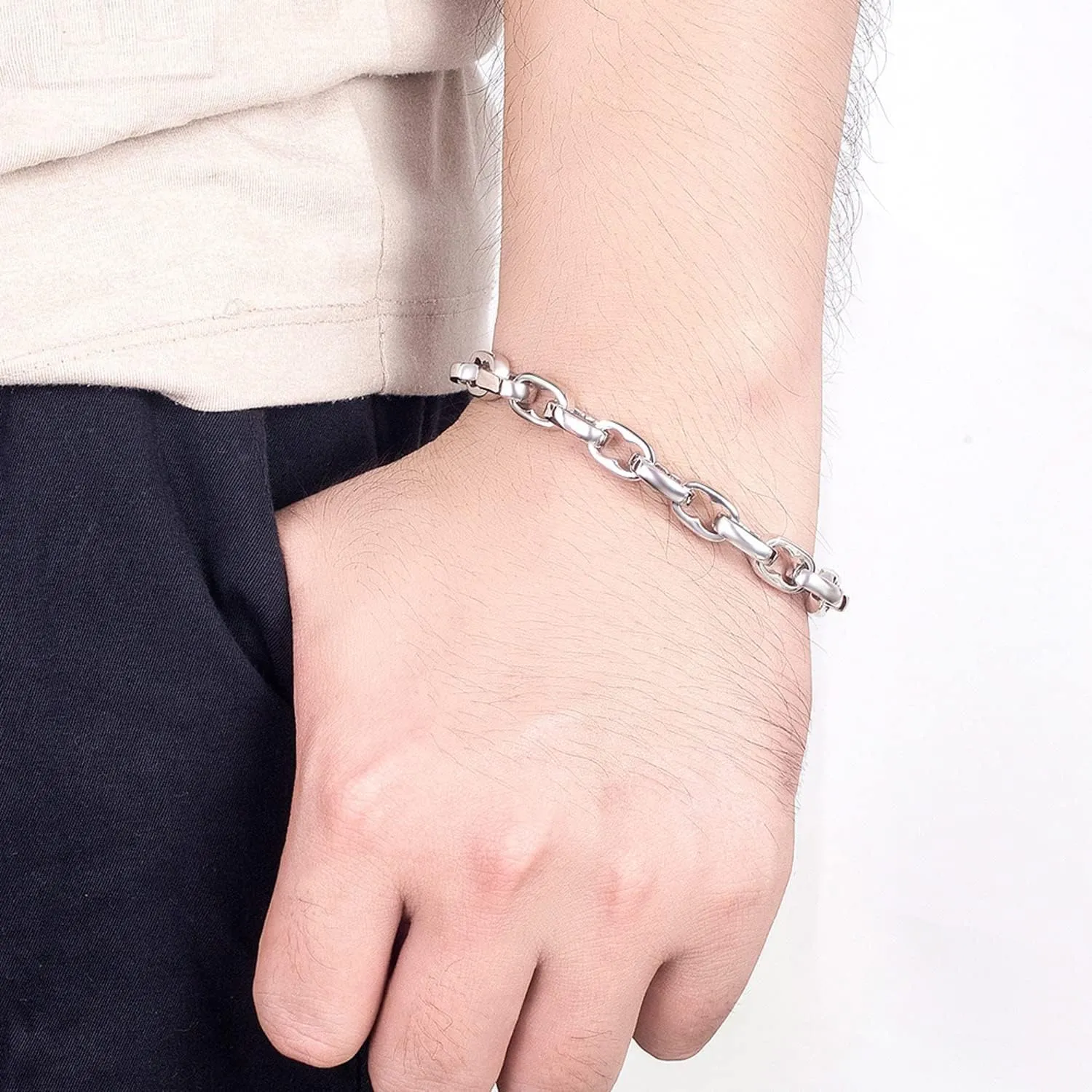 H&Beautimer Solid 925 Silver Bracelet Italian Handmade 0.35/0.4 Inch Box Chain Bracelet for Men's 7,7.5,8,8.5,9,9.5,10 Inch Hip Hop Style Jewelry