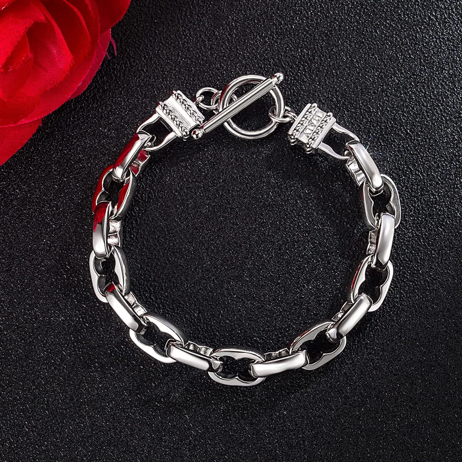 H&Beautimer Solid 925 Silver Bracelet Italian Handmade 0.35/0.4 Inch Box Chain Bracelet for Men's 7,7.5,8,8.5,9,9.5,10 Inch Hip Hop Style Jewelry