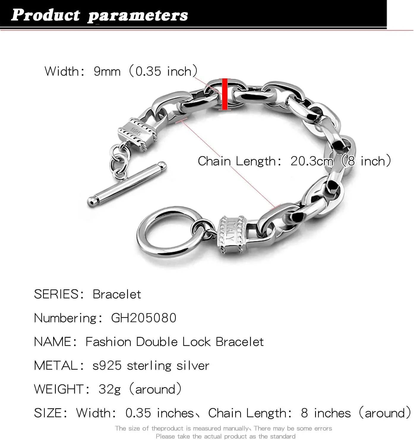 H&Beautimer Solid 925 Silver Bracelet Italian Handmade 0.35/0.4 Inch Box Chain Bracelet for Men's 7,7.5,8,8.5,9,9.5,10 Inch Hip Hop Style Jewelry