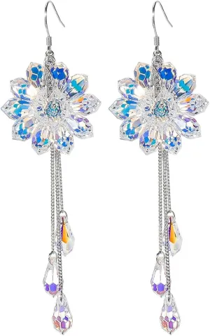 Handcraft 925 Sterling Silver Long Tassel Raindrop Dangle Earrings Iridescent Daisy flowers with Aurora Borealis Austrian Crystals Jewelry for Women ladies gift