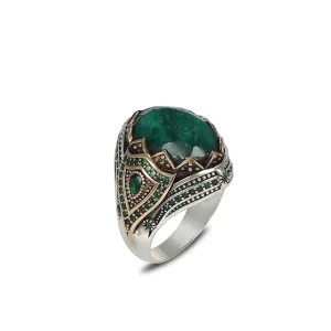 Handcrafted Sterling Silver Men's Ring, Natural Emerald Stone Ring for Men, Ornate Design with Emerald Gems (10)