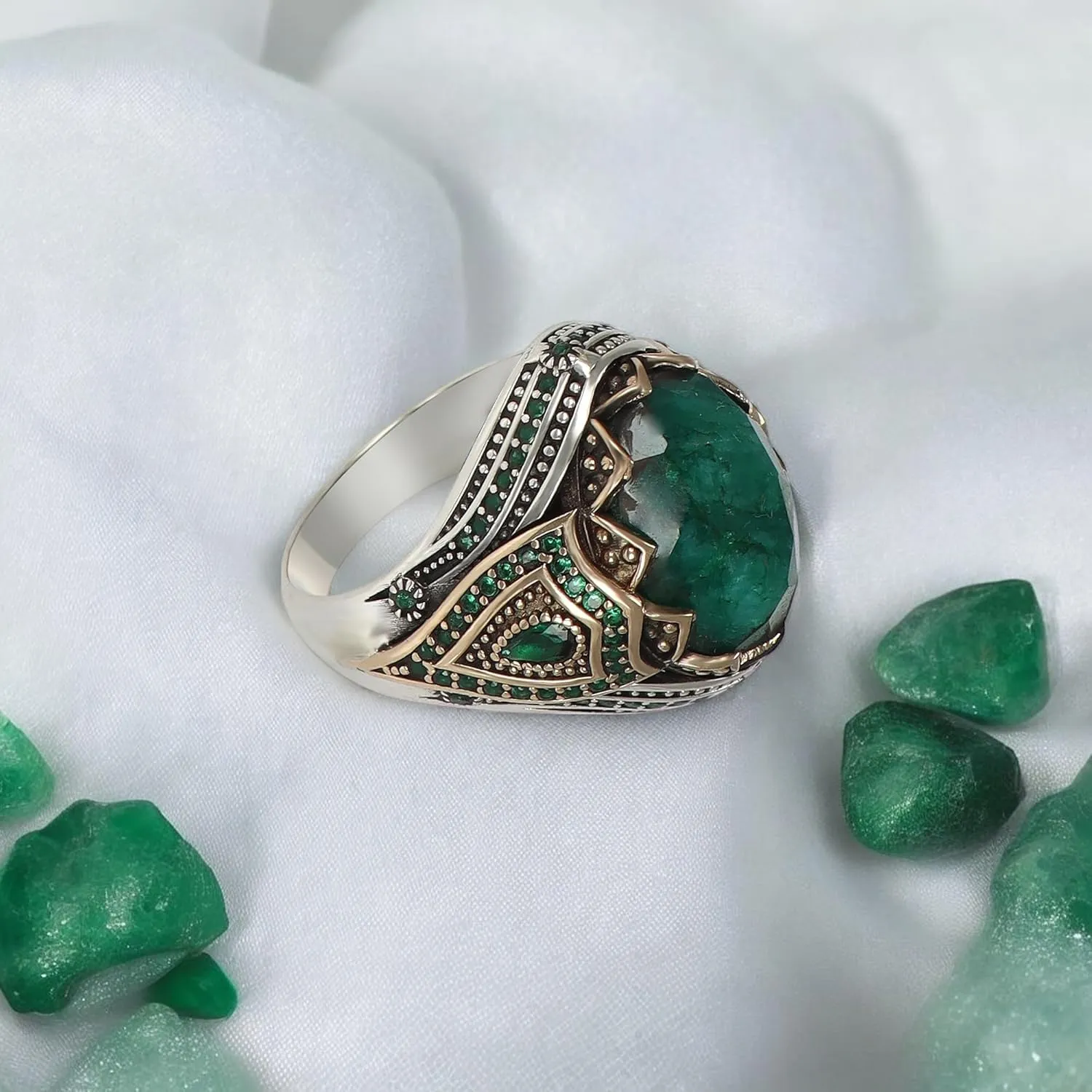 Handcrafted Sterling Silver Men's Ring, Natural Emerald Stone Ring for Men, Ornate Design with Emerald Gems (10)