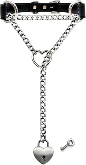Handmade Black Choker Collar Necklace For Women, Punk Gothic Heart Slip Chain Long Necklace, Adjustable Buckle And Heart Padlock With Key