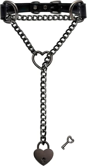 Handmade Black Choker Collar Necklace For Women, Punk Gothic Heart Slip Chain Long Necklace, Adjustable Buckle And Heart Padlock With Key