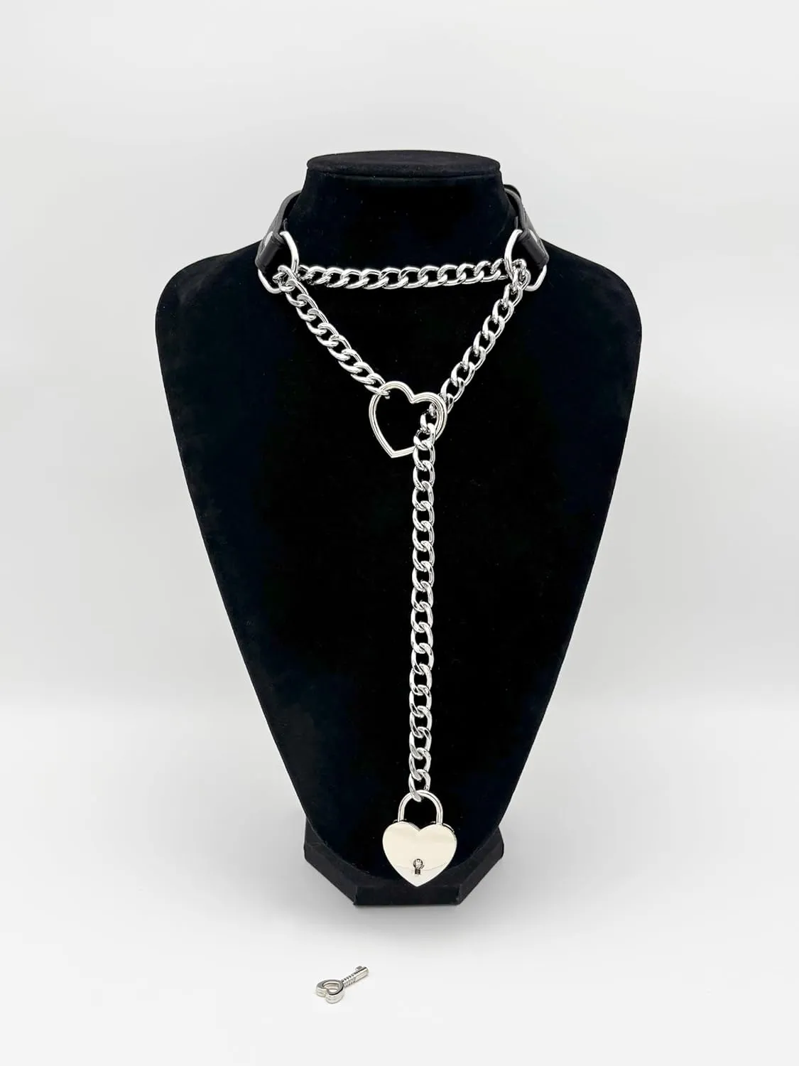 Handmade Black Choker Collar Necklace For Women, Punk Gothic Heart Slip Chain Long Necklace, Adjustable Buckle And Heart Padlock With Key