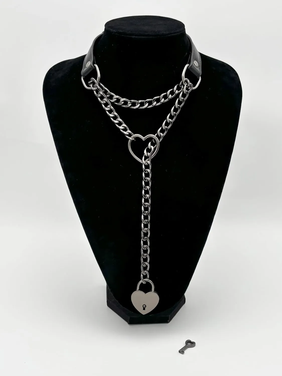 Handmade Black Choker Collar Necklace For Women, Punk Gothic Heart Slip Chain Long Necklace, Adjustable Buckle And Heart Padlock With Key