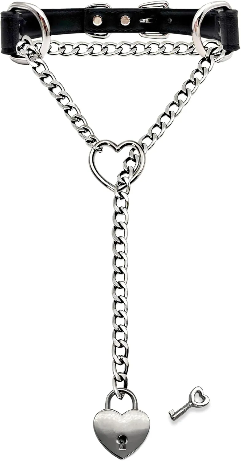 Handmade Black Choker Collar Necklace For Women, Punk Gothic Heart Slip Chain Long Necklace, Adjustable Buckle And Heart Padlock With Key