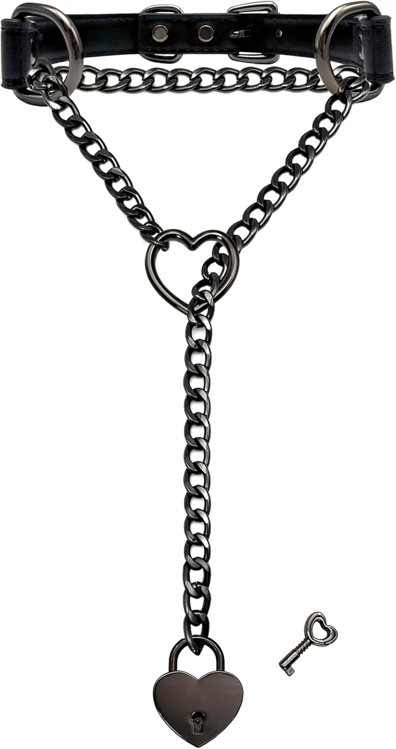 Handmade Black Choker Collar Necklace For Women, Punk Gothic Heart Slip Chain Long Necklace, Adjustable Buckle And Heart Padlock With Key