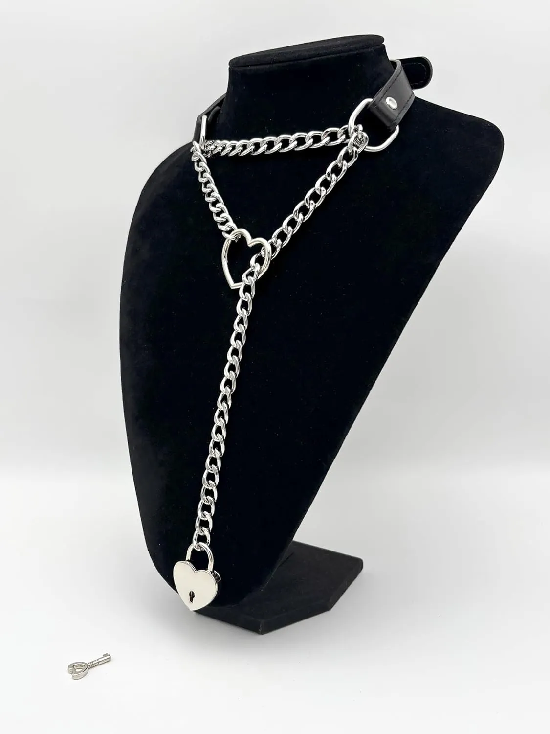 Handmade Black Choker Collar Necklace For Women, Punk Gothic Heart Slip Chain Long Necklace, Adjustable Buckle And Heart Padlock With Key
