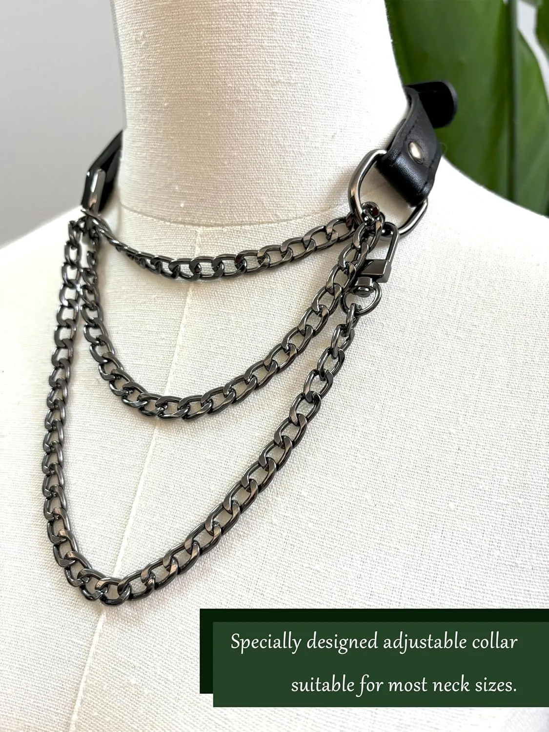 Handmade Black Vegan Leather Choker Collar For Women, Adjustable Triple-Layer Slip Chain Necklace