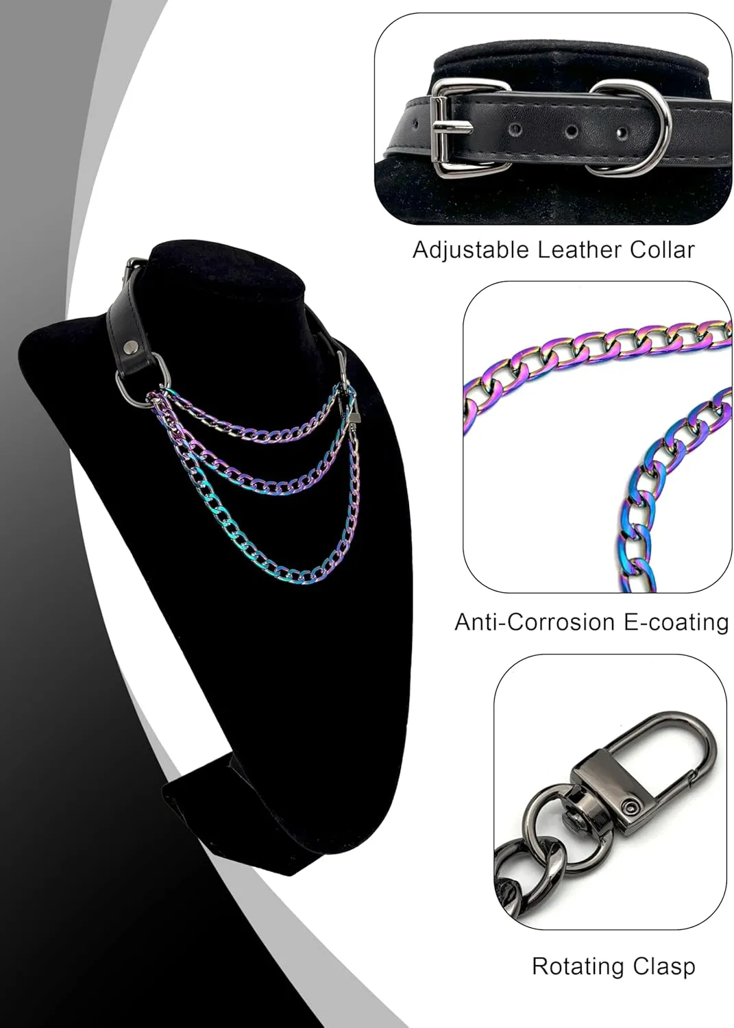 Handmade Black Vegan Leather Choker Collar For Women, Adjustable Triple-Layer Slip Chain Necklace