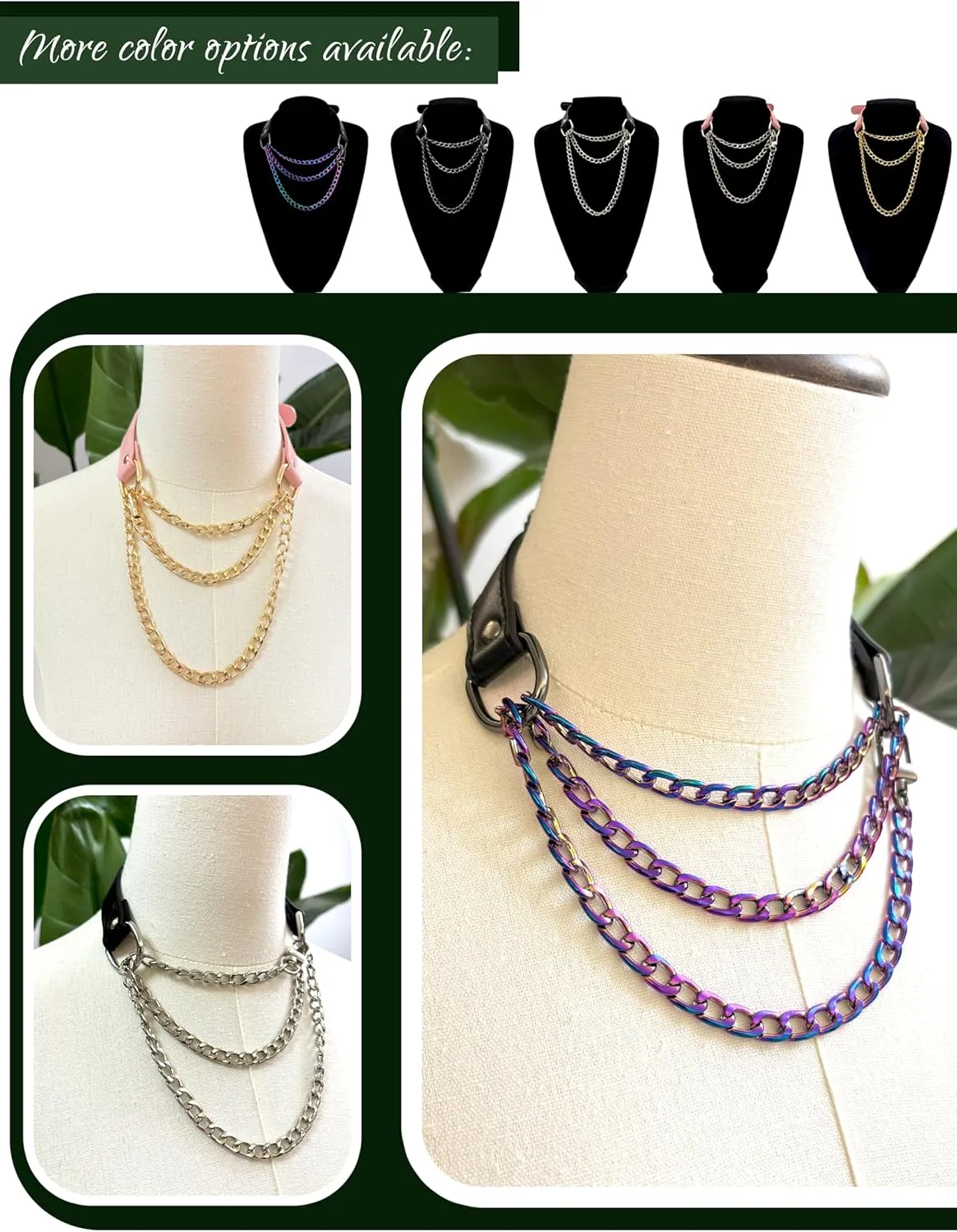 Handmade Black Vegan Leather Choker Collar For Women, Adjustable Triple-Layer Slip Chain Necklace