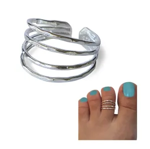Handmade Silver Four Hammered Band Adjustable Wide Toe Ring, 925 Sterling Silver, Multi Row Classic Dainty Open Toe, Pinky or Knuckle Rings for Women, By MiYa Jewelry Creations