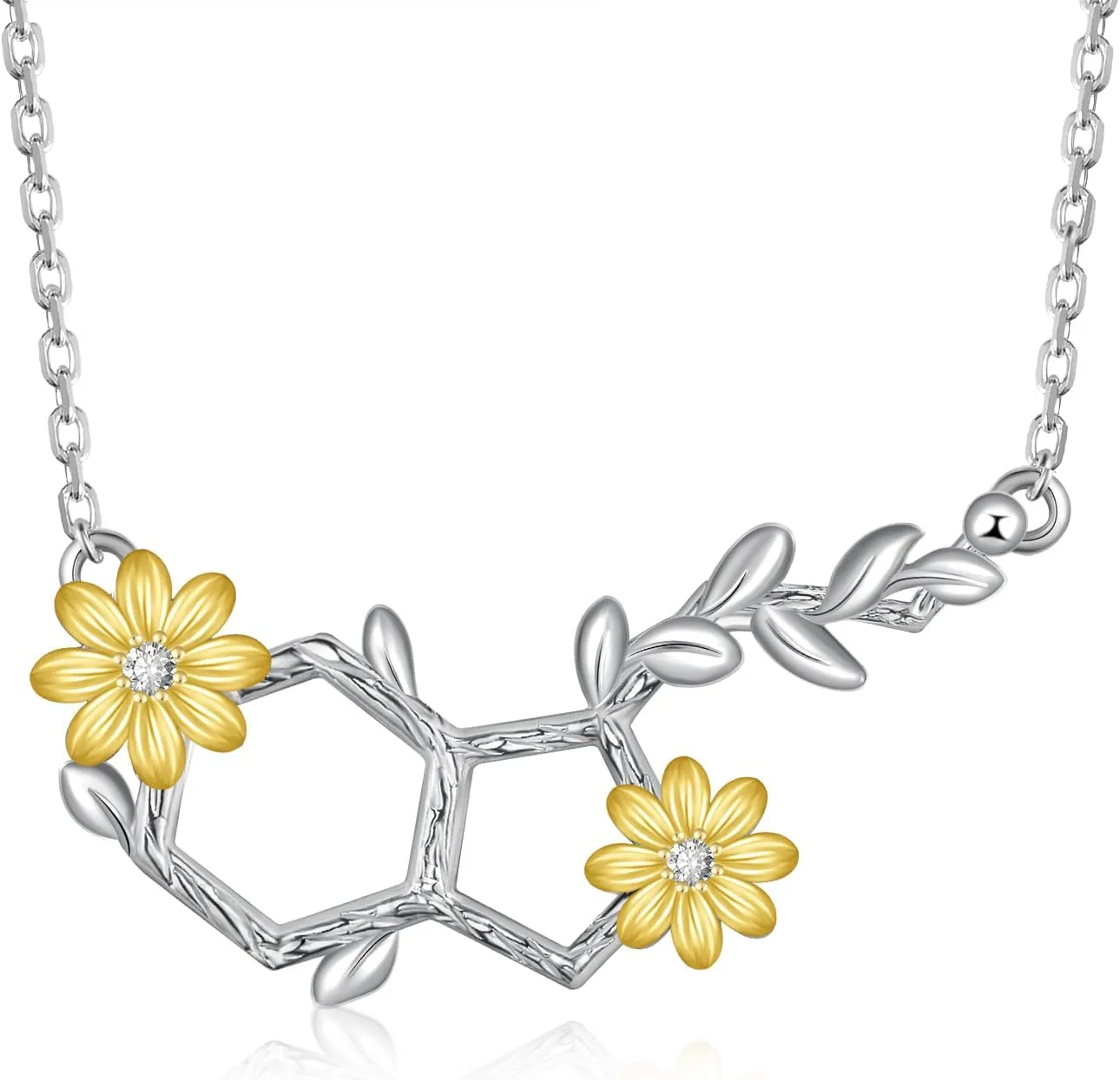 Happiness Serotonin Molecule Necklace for Women,925 Sterling Silver Rose Flower/Butterfly/Daisy Pendant Hormone Serotonin Necklaces,Science Jewelry for Teacher, Professor,Chemistry Grad
