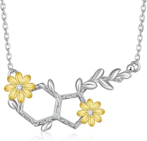 Happiness Serotonin Molecule Necklace for Women,925 Sterling Silver Rose Flower/Butterfly/Daisy Pendant Hormone Serotonin Necklaces,Science Jewelry for Teacher, Professor,Chemistry Grad