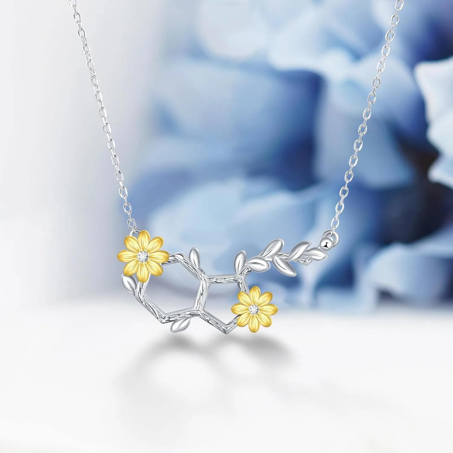 Happiness Serotonin Molecule Necklace for Women,925 Sterling Silver Rose Flower/Butterfly/Daisy Pendant Hormone Serotonin Necklaces,Science Jewelry for Teacher, Professor,Chemistry Grad