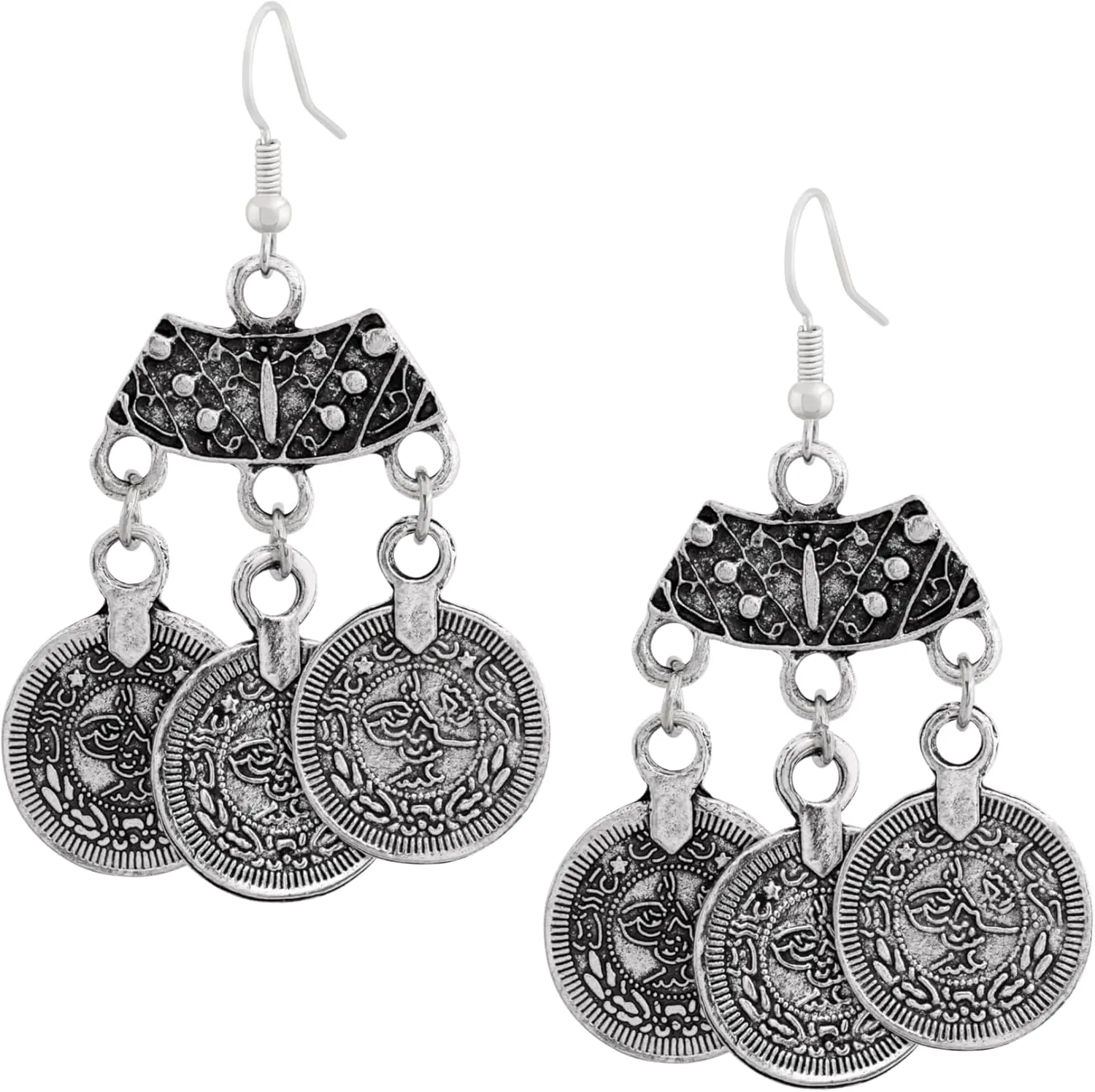 HAQUIL Vintage Silver Plated Alloy 3 Coins Pendant Earrings, Women Gypsy Tribal Boho Ethnic Jewelry Earrings