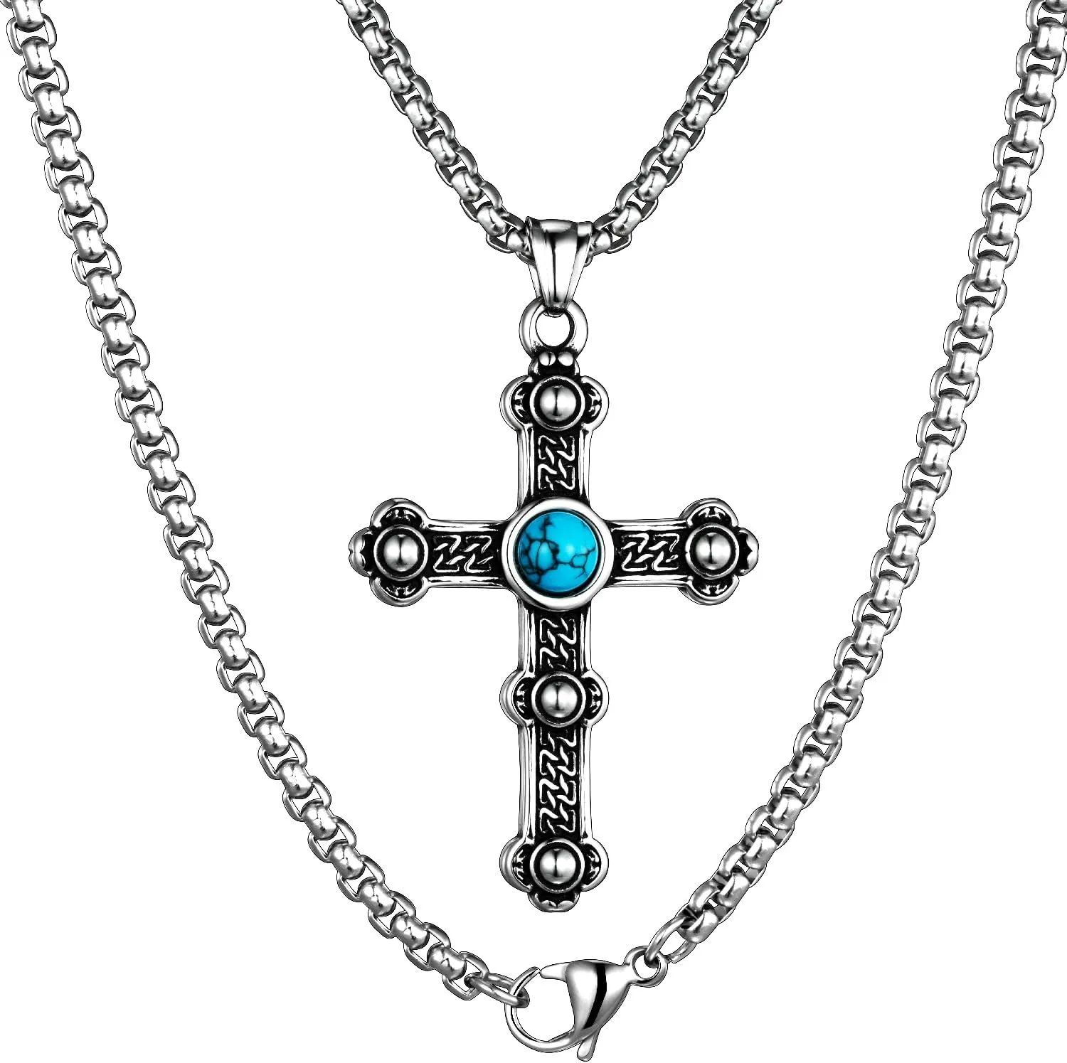 HAWSON Vintage Religious Cross Pendant for Men & Women Stainless Steel Cross Necklace with Latin, Byzantine & Orthodox Pendants, 24 Inch / 28 Inch Box Chain, Christian Gifts