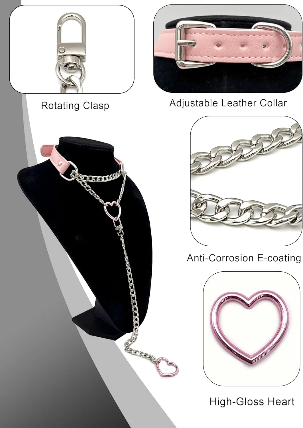 Heart O-Ring Slip Chain Choker Collar Necklace for Women, Adjustable Vegan Leather Punk Necklace with Swivel Clasp & Heart Charm