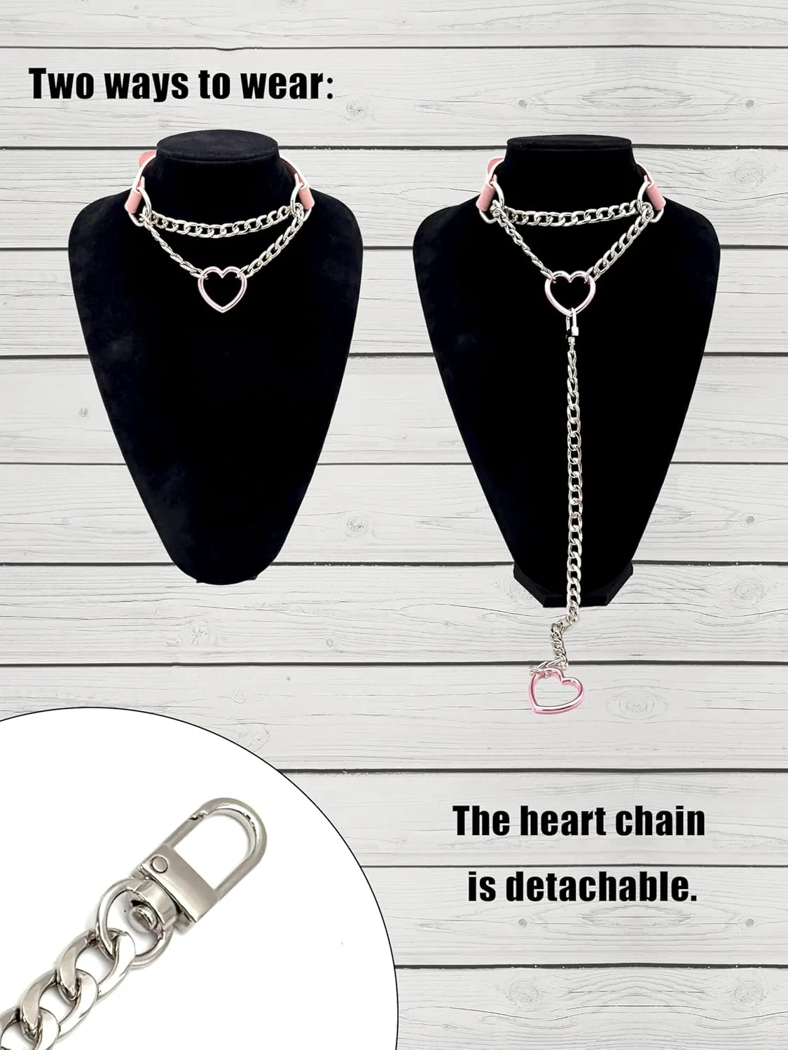 Heart O-Ring Slip Chain Choker Collar Necklace for Women, Adjustable Vegan Leather Punk Necklace with Swivel Clasp & Heart Charm