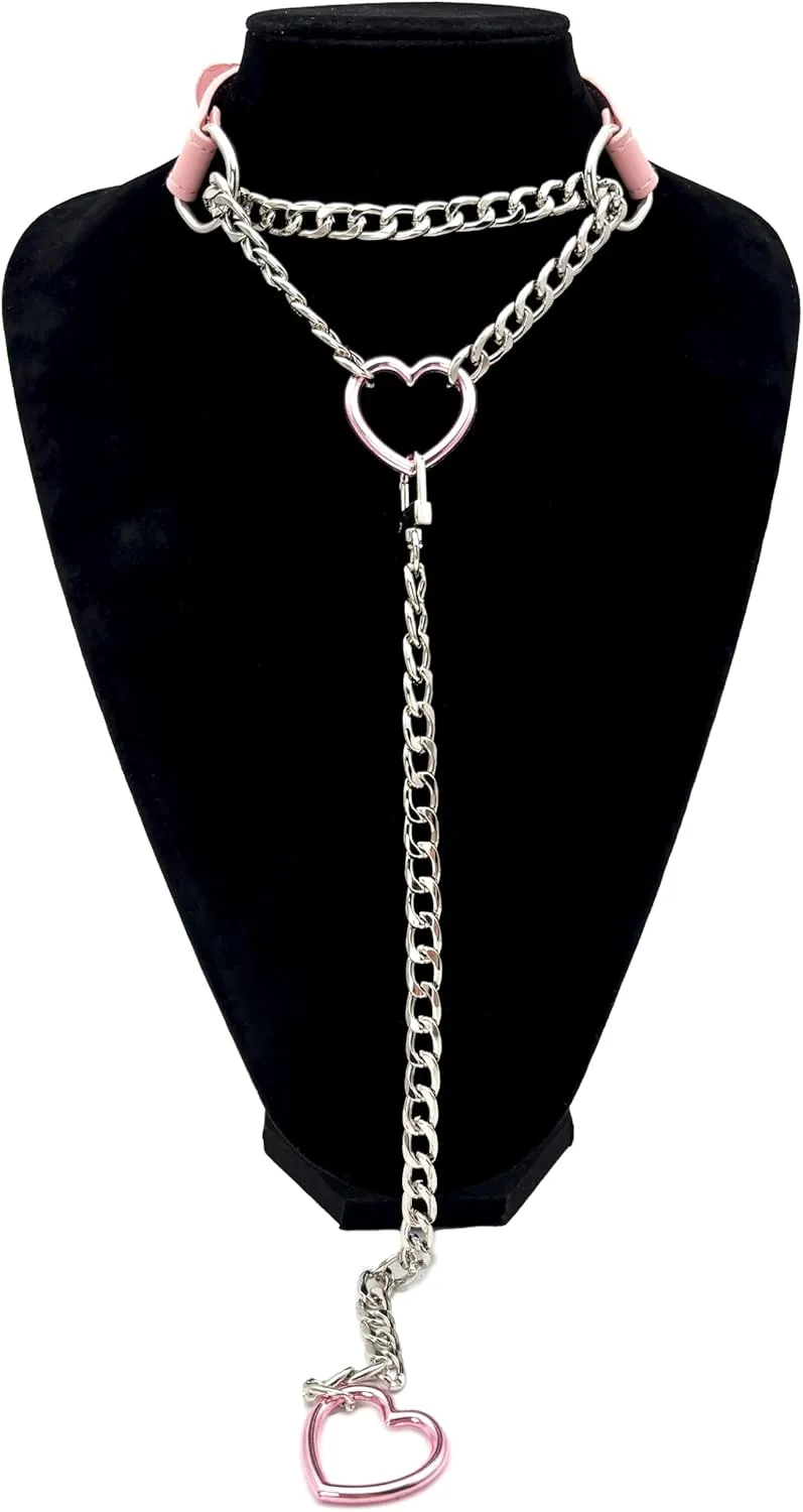 Heart O-Ring Slip Chain Choker Collar Necklace for Women, Adjustable Vegan Leather Punk Necklace with Swivel Clasp & Heart Charm