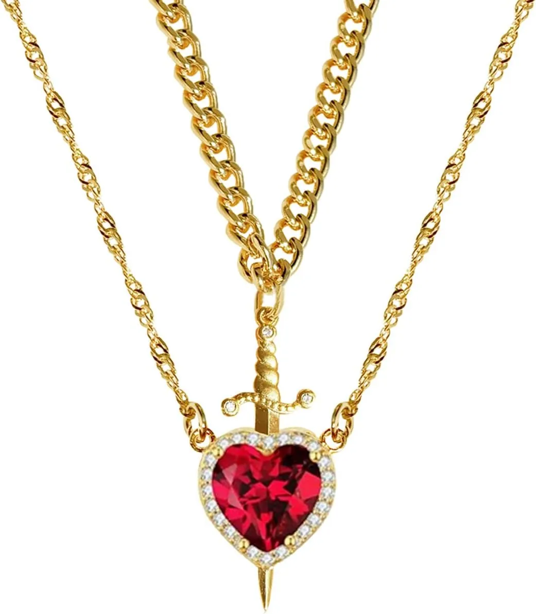 Heart Sword Necklace For Couples Him And Her Gold Silver Stainless Steel Cuban Water Ripple Chain Zirconia Dainty Trendy Matching Sword Through Heart Necklace Set Valentines Day Jewelry Gift